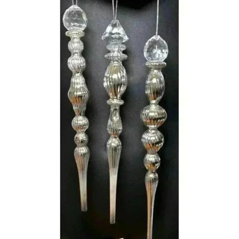 Vintage Crystal & Silver Icicle Drop Ornaments‎ New 10"